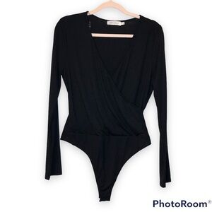 All in Favor Women’s Black Wrap V-neck Ribbed Long Sleeve Bodysuit Size XL